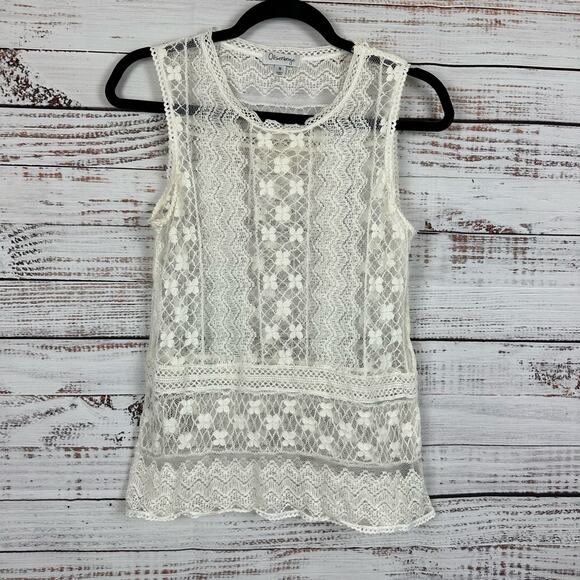 Women's Olsenboye Cream Lace Crochet Sheer Tank Top Boho Casual Festival Size M - Picture 1 of 8